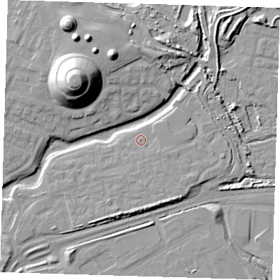 Shaded relief map of the ground around SE280LA, computed from Environment Agency LiDAR. The ground here sits at about 3 m above sea level and falls 25 m across the surrounding 800 m. Surface water reaching this point runs off ground lying to the south-east, 1.4 m higher.
