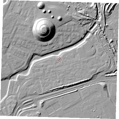 Shaded relief map of the ground around SE280LB, computed from Environment Agency LiDAR. The ground here sits at about 3 m above sea level and falls 25 m across the surrounding 800 m. Surface water reaching this point runs off ground lying to the east-south-east, 2.4 m higher.