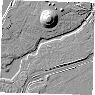 Shaded relief map of the ground around SE280LD, computed from Environment Agency LiDAR. The ground here sits at about 3 m above sea level and falls 25 m across the surrounding 800 m. Surface water reaching this point runs off ground lying to the north-north-west, 0.8 m higher.