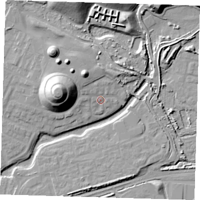 Shaded relief map of the ground around SE280LL, computed from Environment Agency LiDAR. The ground here sits at about 5 m above sea level and falls 25 m across the surrounding 800 m. Surface water reaching this point runs off ground lying to the north-west, 5.4 m higher.
