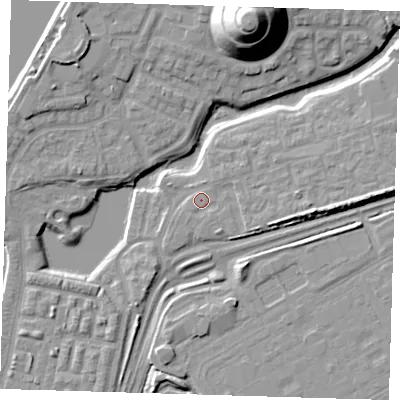Shaded relief map of the ground around SE280NG, computed from Environment Agency LiDAR. The ground here sits at about 3 m above sea level and falls 25 m across the surrounding 800 m. Surface water reaching this point runs off ground lying to the east, 4.2 m higher.
