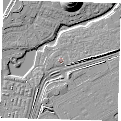 Shaded relief map of the ground around SE280NY, computed from Environment Agency LiDAR. The ground here sits at about 3 m above sea level and falls 24 m across the surrounding 800 m. Surface water reaching this point runs off ground lying to the south-east, 0.7 m higher.
