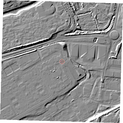 Shaded relief map of the ground around SE280NZ, computed from Environment Agency LiDAR. The ground here sits at about 3 m above sea level and falls 9 m across the surrounding 800 m. Surface water reaching this point runs off ground lying to the south-west, 1.0 m higher.
