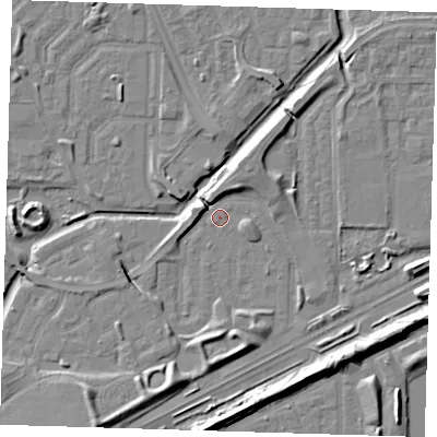 Shaded relief map of the ground around SE288AA, computed from Environment Agency LiDAR. The ground here sits at about 1 m above sea level and falls 9 m across the surrounding 800 m. Surface water reaching this point runs off ground lying to the south-east, 6.6 m higher.