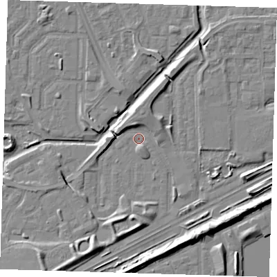 Shaded relief map of the ground around SE288AB, computed from Environment Agency LiDAR. The ground here sits at about 1 m above sea level and falls 9 m across the surrounding 800 m. Surface water reaching this point runs off ground lying to the south-east, 6.6 m higher.
