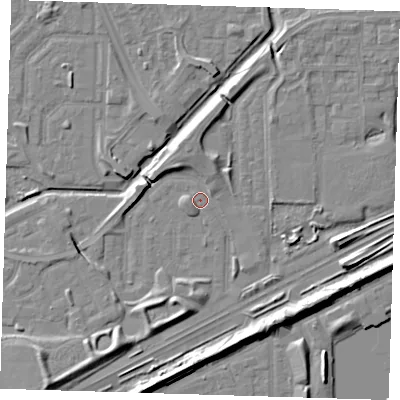 Shaded relief map of the ground around SE288AD, computed from Environment Agency LiDAR. The ground here sits at about 1 m above sea level and falls 9 m across the surrounding 800 m. Surface water reaching this point runs off ground lying to the south-east, 6.4 m higher.
