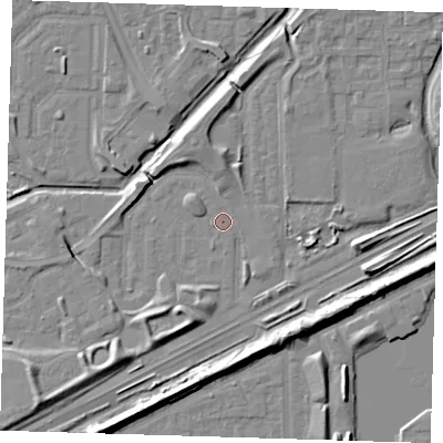 Shaded relief map of the ground around SE288AE, computed from Environment Agency LiDAR. The ground here sits at about 1 m above sea level and falls 9 m across the surrounding 800 m. Surface water reaching this point runs off ground lying to the south-east, 6.4 m higher.