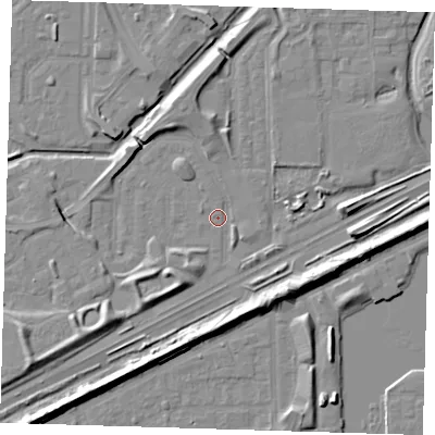 Shaded relief map of the ground around SE288AF, computed from Environment Agency LiDAR. The ground here sits at about 1 m above sea level and falls 9 m across the surrounding 800 m. Surface water reaching this point runs off ground lying to the east-south-east, 6.4 m higher.