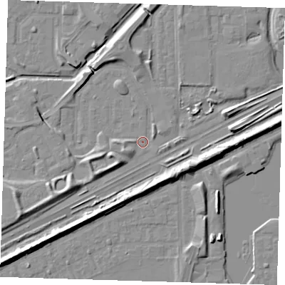Shaded relief map of the ground around SE288AG, computed from Environment Agency LiDAR. The ground here sits at about 1 m above sea level and falls 9 m across the surrounding 800 m. Surface water reaching this point runs off ground lying to the east-south-east, 6.4 m higher.