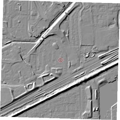 Shaded relief map of the ground around SE288AH, computed from Environment Agency LiDAR. The ground here sits at about 1 m above sea level and falls 9 m across the surrounding 800 m. Surface water reaching this point runs off ground lying to the south-south-west, 2.8 m higher.