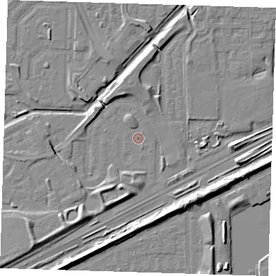 Shaded relief map of the ground around SE288AJ, computed from Environment Agency LiDAR. The ground here sits at about 1 m above sea level and falls 9 m across the surrounding 800 m. Surface water reaching this point runs off ground lying to the south-south-west, 3.6 m higher.