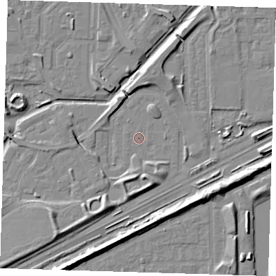 Shaded relief map of the ground around SE288AL, computed from Environment Agency LiDAR. The ground here sits at about 1 m above sea level and falls 9 m across the surrounding 800 m. Surface water reaching this point runs off ground lying to the south, 3.6 m higher.