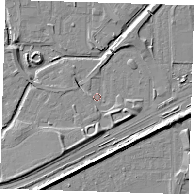 Shaded relief map of the ground around SE288AP, computed from Environment Agency LiDAR. The ground here sits at about 1 m above sea level and falls 8 m across the surrounding 800 m. Surface water reaching this point runs off ground lying to the south-south-west, 5.2 m higher.