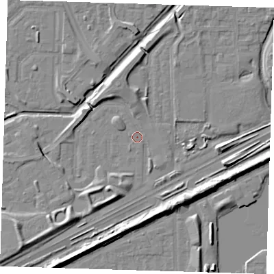 Shaded relief map of the ground around SE288AQ, computed from Environment Agency LiDAR. The ground here sits at about 1 m above sea level and falls 9 m across the surrounding 800 m. Surface water reaching this point runs off ground lying to the south-east, 6.4 m higher.