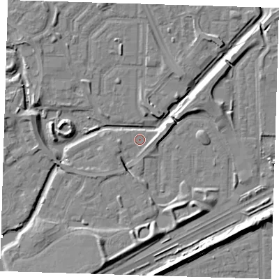 Shaded relief map of the ground around SE288AR, computed from Environment Agency LiDAR. The ground here sits at about 1 m above sea level and falls 8 m across the surrounding 800 m. Surface water reaching this point runs off ground lying to the east-north-east, 5.4 m higher.