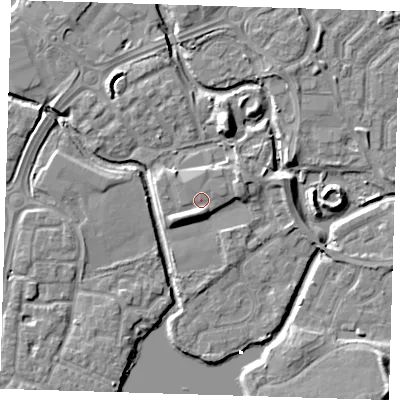 Shaded relief map of the ground around SE288AT, computed from Environment Agency LiDAR. The ground here sits at about 3 m above sea level and falls 8 m across the surrounding 800 m. Surface water reaching this point runs off ground lying to the south-west, 2.3 m higher.