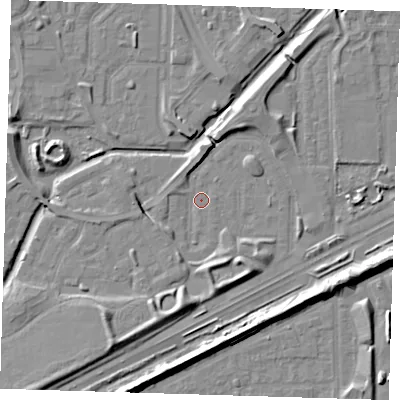 Shaded relief map of the ground around SE288AW, computed from Environment Agency LiDAR. The ground here sits at about 1 m above sea level and falls 9 m across the surrounding 800 m. Surface water reaching this point runs off ground lying to the south-south-west, 5.3 m higher.