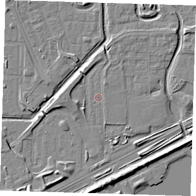 Shaded relief map of the ground around SE288BA, computed from Environment Agency LiDAR. The ground here sits at about 2 m above sea level and falls 9 m across the surrounding 800 m. Surface water reaching this point runs off ground lying to the north-north-east, 1.4 m higher.
