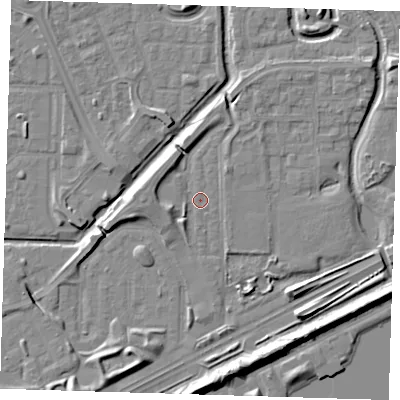 Shaded relief map of the ground around SE288BB, computed from Environment Agency LiDAR. The ground here sits at about 2 m above sea level and falls 9 m across the surrounding 800 m. The ground contributing surface water to this point lies to the north-north-west.