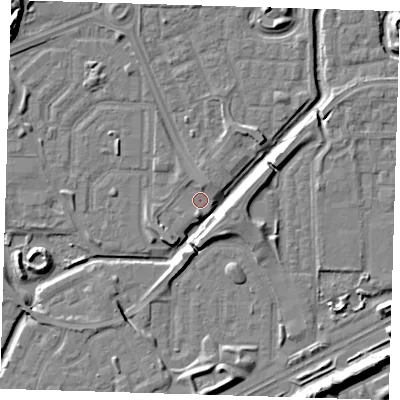 Shaded relief map of the ground around SE288BD, computed from Environment Agency LiDAR. The ground here sits at about 1 m above sea level and falls 10 m across the surrounding 800 m. Surface water reaching this point runs off ground lying to the north, 1.6 m higher.