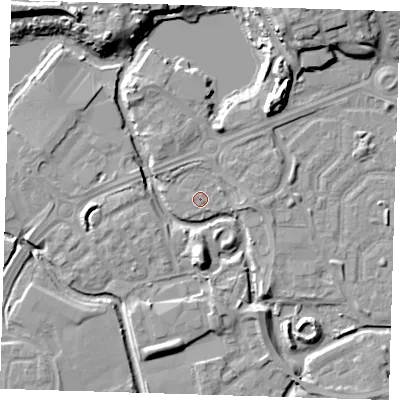 Shaded relief map of the ground around SE288BE, computed from Environment Agency LiDAR. The ground here sits at about 1 m above sea level and falls 12 m across the surrounding 800 m. Surface water reaching this point runs off ground lying to the south-east, 0.7 m higher.