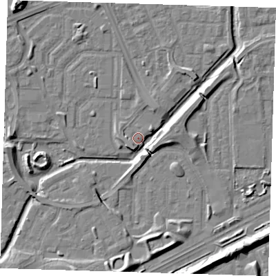 Shaded relief map of the ground around SE288BG, computed from Environment Agency LiDAR. The ground here sits at about 2 m above sea level and falls 9 m across the surrounding 800 m. Surface water reaching this point runs off ground lying to the south-east, 7.4 m higher.