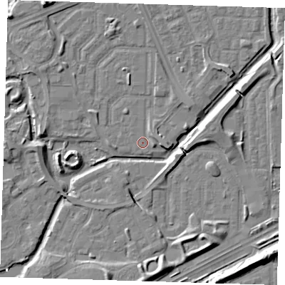 Shaded relief map of the ground around SE288BH, computed from Environment Agency LiDAR. The ground here sits at about 1 m above sea level and falls 9 m across the surrounding 800 m. Surface water reaching this point runs off ground lying to the east, 2.7 m higher.