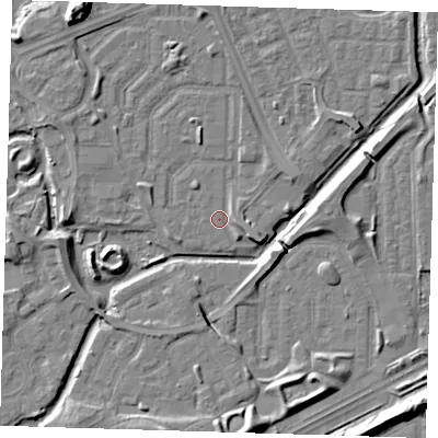Shaded relief map of the ground around SE288BJ, computed from Environment Agency LiDAR. The ground here sits at about 1 m above sea level and falls 9 m across the surrounding 800 m. Surface water reaching this point runs off ground lying to the east-south-east, 2.7 m higher.