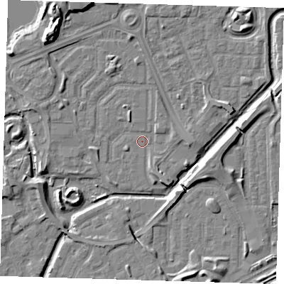 Shaded relief map of the ground around SE288BL, computed from Environment Agency LiDAR. The ground here sits at about 1 m above sea level and falls 10 m across the surrounding 800 m. Surface water reaching this point runs off ground lying to the north-west, 7.1 m higher.