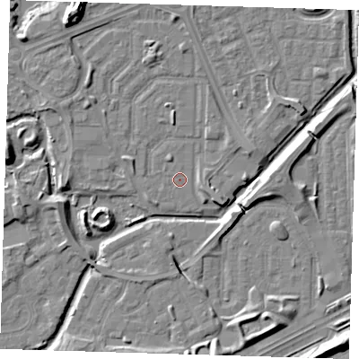 Shaded relief map of the ground around SE288BN, computed from Environment Agency LiDAR. The ground here sits at about 1 m above sea level and falls 10 m across the surrounding 800 m. Surface water reaching this point runs off ground lying to the north-north-west, 1.0 m higher.