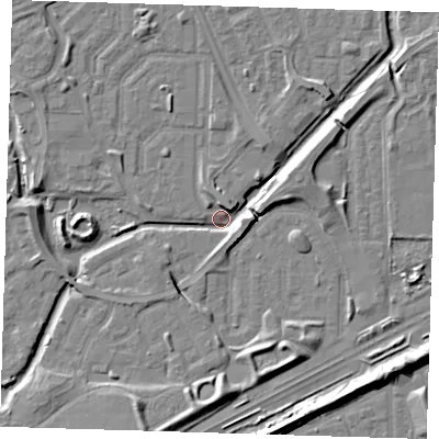 Shaded relief map of the ground around SE288BQ, computed from Environment Agency LiDAR. The ground here sits at about 1 m above sea level and falls 8 m across the surrounding 800 m. Surface water reaching this point runs off ground lying to the north, 4.1 m higher.