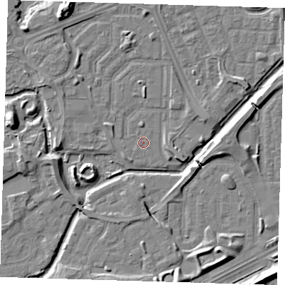 Shaded relief map of the ground around SE288BS, computed from Environment Agency LiDAR. The ground here sits at about 1 m above sea level and falls 10 m across the surrounding 800 m. Surface water reaching this point runs off ground lying to the north, 1.1 m higher.