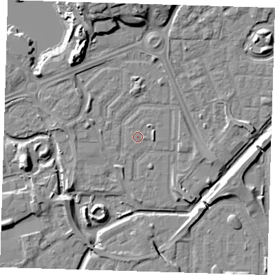 Shaded relief map of the ground around SE288BT, computed from Environment Agency LiDAR. The ground here sits at about 1 m above sea level and falls 11 m across the surrounding 800 m. The ground contributing surface water to this point lies to the north-west.