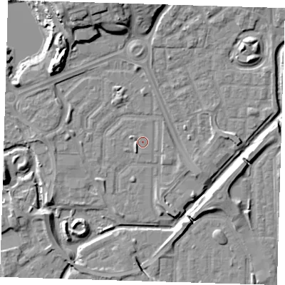 Shaded relief map of the ground around SE288BU, computed from Environment Agency LiDAR. The ground here sits at about 1 m above sea level and falls 12 m across the surrounding 800 m. Surface water reaching this point runs off ground lying to the south-west, 1.3 m higher.