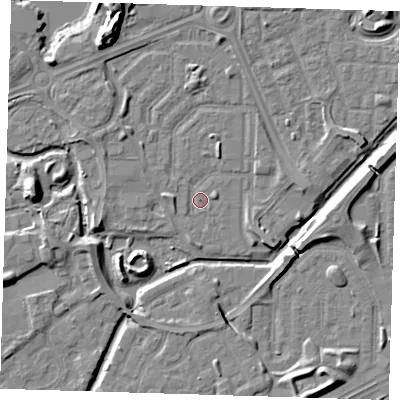 Shaded relief map of the ground around SE288BW, computed from Environment Agency LiDAR. The ground here sits at about 1 m above sea level and falls 10 m across the surrounding 800 m. Surface water reaching this point runs off ground lying to the east-north-east, 1.1 m higher.