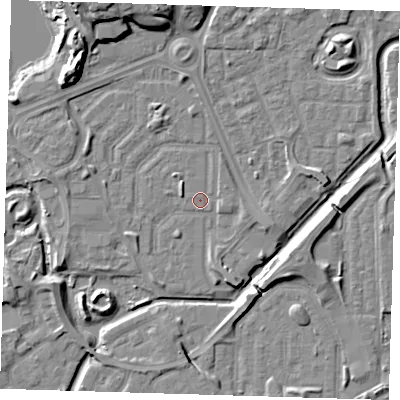 Shaded relief map of the ground around SE288BX, computed from Environment Agency LiDAR. The ground here sits at about 1 m above sea level and falls 11 m across the surrounding 800 m. Surface water reaching this point runs off ground lying to the north-north-west, 8.7 m higher.