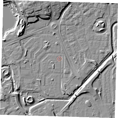 Shaded relief map of the ground around SE288BY, computed from Environment Agency LiDAR. The ground here sits at about 1 m above sea level and falls 12 m across the surrounding 800 m. The ground contributing surface water to this point lies to the east-south-east.