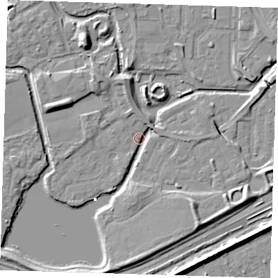 Shaded relief map of the ground around SE288DB, computed from Environment Agency LiDAR. The ground here sits at about 1 m above sea level and falls 8 m across the surrounding 800 m. Surface water reaching this point runs off ground lying to the south-east, 6.3 m higher.
