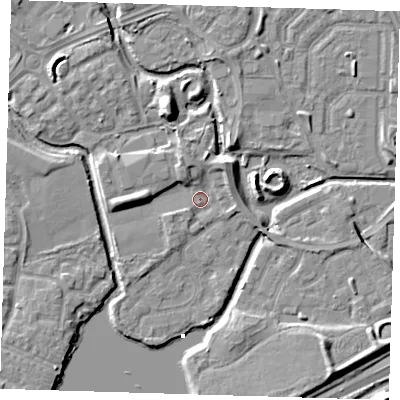 Shaded relief map of the ground around SE288DD, computed from Environment Agency LiDAR. The ground here sits at about 1 m above sea level and falls 8 m across the surrounding 800 m. Surface water reaching this point runs off ground lying to the south-south-west, 1.4 m higher.