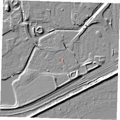Shaded relief map of the ground around SE288DE, computed from Environment Agency LiDAR. The ground here sits at about 1 m above sea level and falls 8 m across the surrounding 800 m. Surface water reaching this point runs off ground lying to the east-south-east, 1.2 m higher.