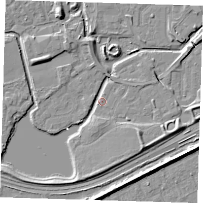 Shaded relief map of the ground around SE288DF, computed from Environment Agency LiDAR. The ground here sits at about 1 m above sea level and falls 8 m across the surrounding 800 m. Surface water reaching this point runs off ground lying to the south-east, 6.3 m higher.