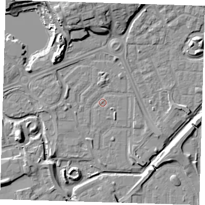 Shaded relief map of the ground around SE288DH, computed from Environment Agency LiDAR. The ground here sits at about 1 m above sea level and falls 12 m across the surrounding 800 m. Surface water reaching this point runs off ground lying to the north-north-west, 9.7 m higher.