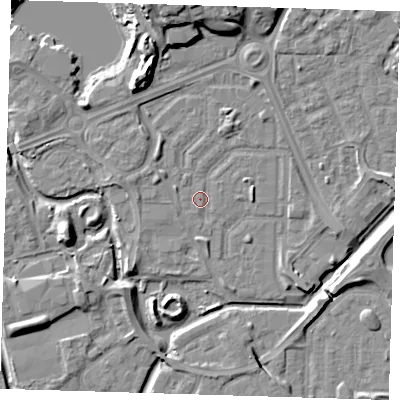 Shaded relief map of the ground around SE288DJ, computed from Environment Agency LiDAR. The ground here sits at about 1 m above sea level and falls 11 m across the surrounding 800 m. Surface water reaching this point runs off ground lying to the north, 8.6 m higher.