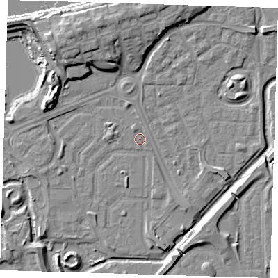 Shaded relief map of the ground around SE288DL, computed from Environment Agency LiDAR. The ground here sits at about 1 m above sea level and falls 11 m across the surrounding 800 m. Surface water reaching this point runs off ground lying to the north-west, 9.3 m higher.