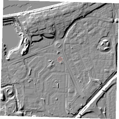 Shaded relief map of the ground around SE288DN, computed from Environment Agency LiDAR. The ground here sits at about 1 m above sea level and falls 11 m across the surrounding 800 m. Surface water reaching this point runs off ground lying to the north-west, 9.3 m higher.