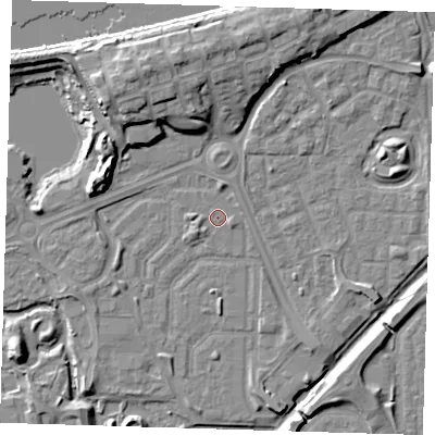 Shaded relief map of the ground around SE288DP, computed from Environment Agency LiDAR. The ground here sits at about 1 m above sea level and falls 11 m across the surrounding 800 m. Surface water reaching this point runs off ground lying to the west-south-west, 1.2 m higher.