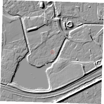 Shaded relief map of the ground around SE288DQ, computed from Environment Agency LiDAR. The ground here sits at about 1 m above sea level and falls 8 m across the surrounding 800 m. Surface water reaching this point runs off ground lying to the north-north-west, 1.6 m higher.