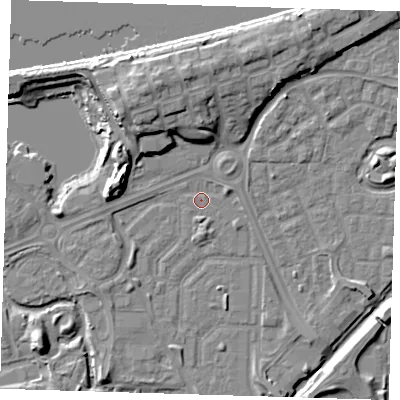 Shaded relief map of the ground around SE288DS, computed from Environment Agency LiDAR. The ground here sits at about 1 m above sea level and falls 11 m across the surrounding 800 m. Surface water reaching this point runs off ground lying to the north-north-west, 9.3 m higher.