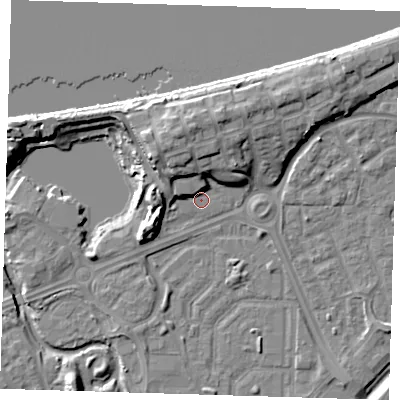 Shaded relief map of the ground around SE288DT, computed from Environment Agency LiDAR. The ground here sits at about 2 m above sea level and falls 12 m across the surrounding 800 m. Surface water reaching this point runs off ground lying to the north-north-west, 8.7 m higher.