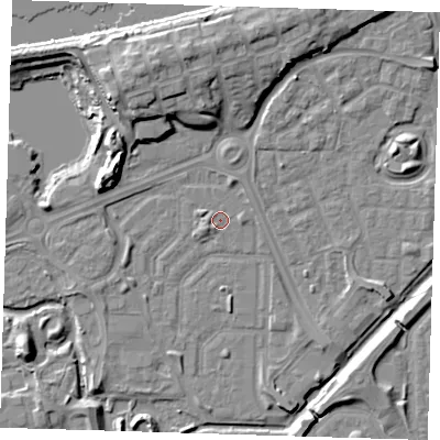Shaded relief map of the ground around SE288DU, computed from Environment Agency LiDAR. The ground here sits at about 1 m above sea level and falls 11 m across the surrounding 800 m. Surface water reaching this point runs off ground lying to the west-south-west, 1.2 m higher.